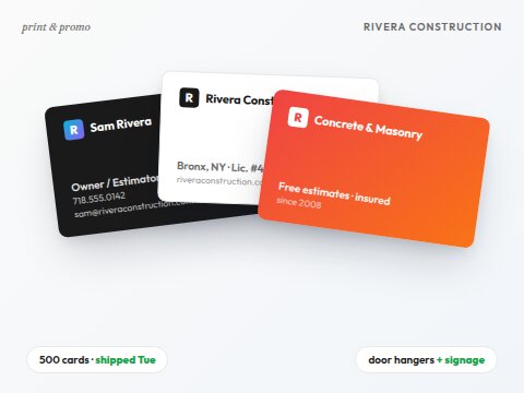 Three fanned Rivera Construction business cards on a soft background: a black card for owner Sam Rivera, a white company-front card, and a red-orange gradient back card highlighting concrete and masonry, with chips noting 500 cards shipped Tuesday plus door hangers and signage.